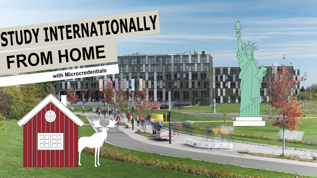 Banner: Bielefeld UAS with international landmarks and text: Study internationally from home - with Microcredentials